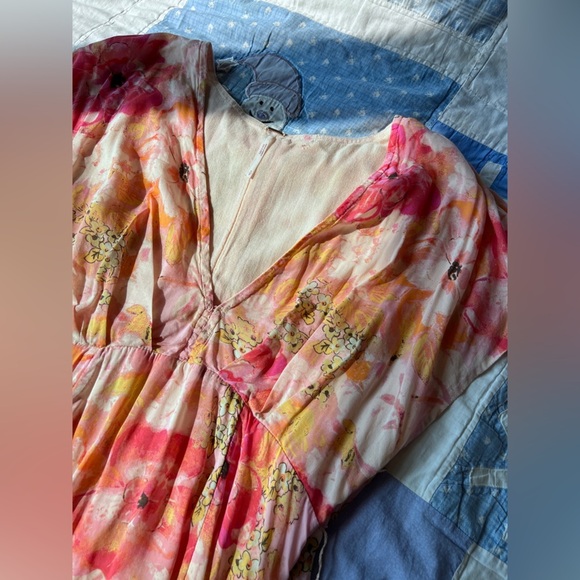 Free People Womens Pink Floral Freddy Tie Fruit Punch Boho Mini Dress Small - Picture 10 of 16
